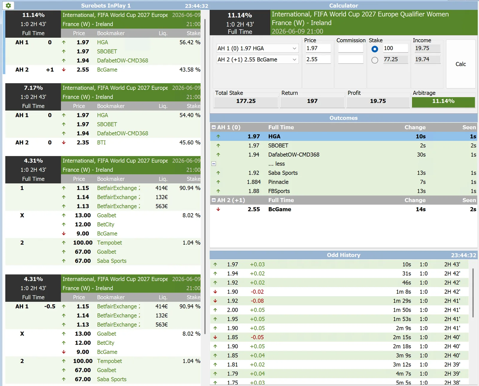 OddStorm Surebets InPlay: live arbitrage list with calculator, outcomes and odds history